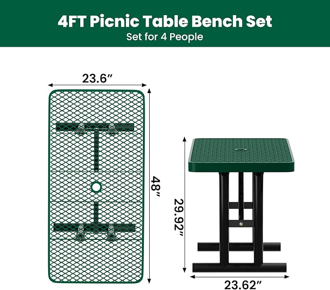 4FT Metal Picnic Tables for Outdoors, Commercial Rectangular Picnic Table for Outside, Park, Campfield, Patio, Garden, Yard, Thermoplastic Coating, Surface Mounted, Green