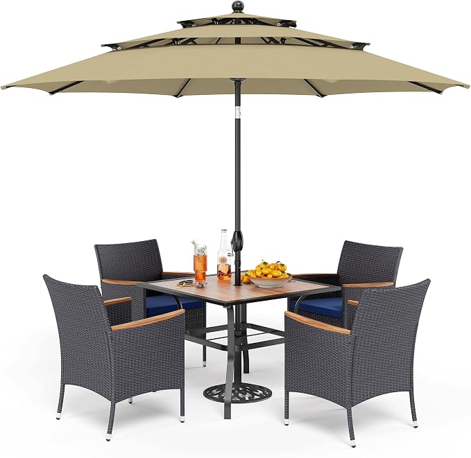PHI VILLA 5pc Patio Dining Set with Umbrella, Square Table, Rattan Chairs | 37" Wood-like Metal Table, Cushioned PE Rattan chairs, 10ft Beige 3 Tier Auto-tilt Umbrella (Base Not Included)