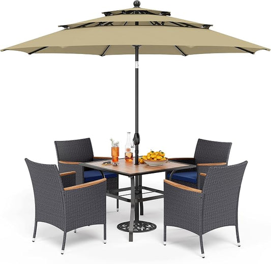 PHI VILLA 5pc Patio Dining Set with Umbrella, Square Table, Rattan Chairs | 37" Wood-like Metal Table, Cushioned PE Rattan chairs, 10ft Beige 3 Tier Auto-tilt Umbrella (Base Not Included)