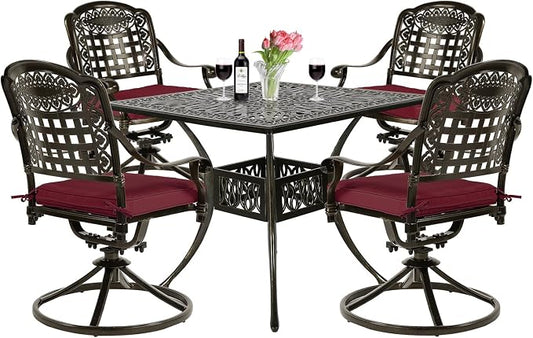 VIVIJASON 5-Piece Outdoor Patio Dining Set, All-Weather Cast Aluminum Conversation Set for Balcony, Patio Furniture Set Include 4 Swivel Cushioned Chairs, 1 Square Table w/Umbrella Hole, Red Cushion