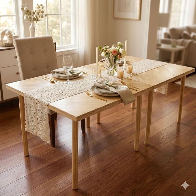 Folding Picnic Table, Pine Wood Festive Gift, 60" x 30", Large Portable Design, for Indoor and Outdoor, Camping, Garden, Party, Beach, Wedding, with Boho Crochet Table Runner