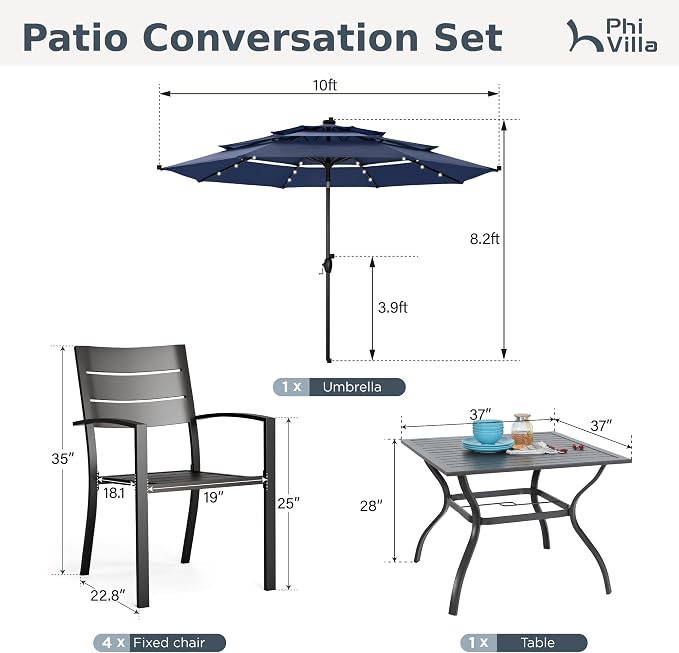 PHI VILLA 5 Pieces Outdoor Dining Set with Umbrella for 4 | 37" Square Metal Table & Stacking Chairs&3-Tier Blue Umbrella,Outside Furniture Set for Patio,Deck,Porch,Backyard