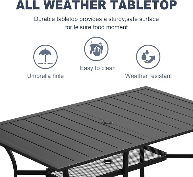 VICLLAX 7 Pieces Patio Outdoor Dining Set, 59" Metal Dining Table with Umbrella Hole and 6 Swivel Textilene Chairs for Lawn,Garden,Porch,Black/Dark Grey
