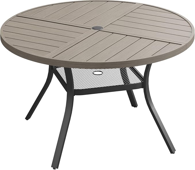 40.6" Outdoor Dining Table with Adjustable Umbrella Hole, Metal Slatted Round Patio Dining Table for Backyard Garden Deck, Antique Grey