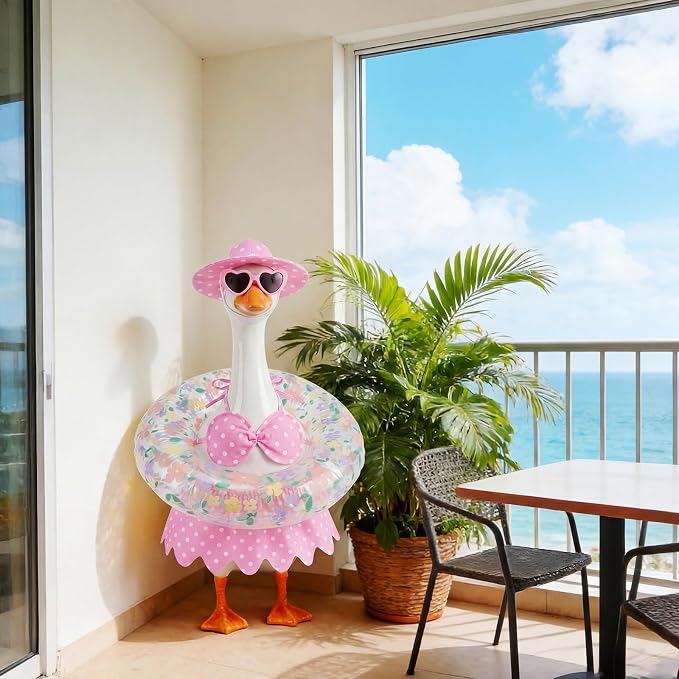 hoyuwak Bikini Goose Outfits Summer Hawaiian Porch Goose Outfits with Swimming Ring Sunglasses Hat for 23" Geese Yard Decor