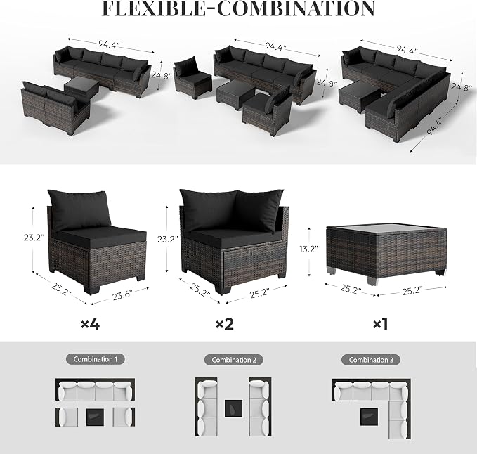 WWR Patio Furniture Set - All-Weather,Water-Resistant - 7 Piece Patio Wicker Rattan Sectional Sofa, Modular Outdoor Conversation Set for Backyard, Garden, Poolside, Balcony, Brown/Black