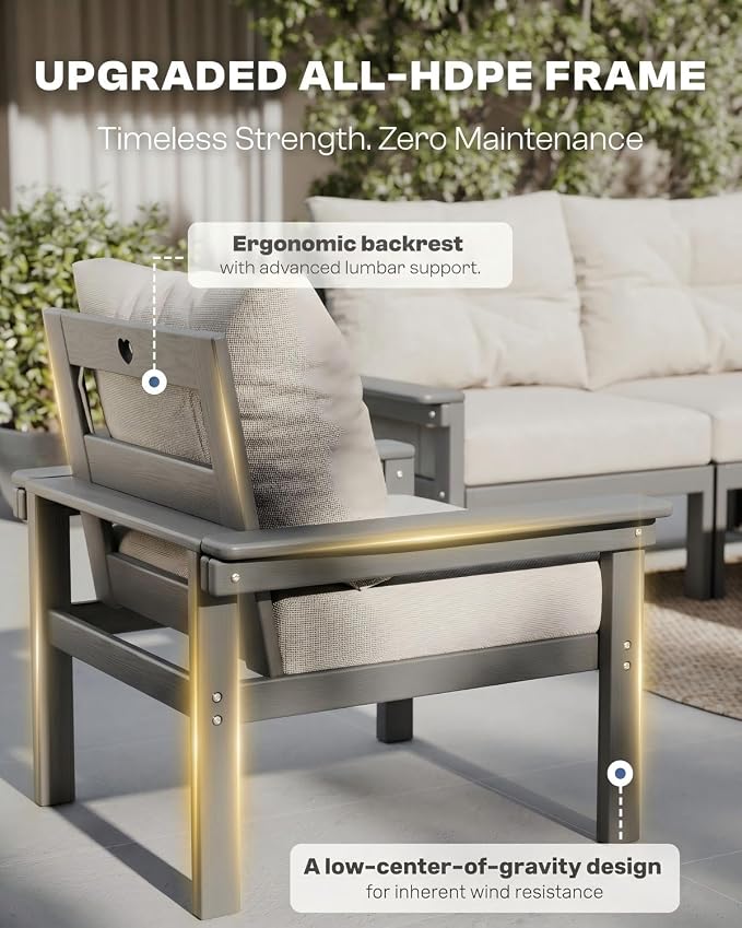 HDPE Outdoor Patio Furniture Set, 10-Piece Patio Conversation Set with 3-Seat Sofa, 4 Armchairs, 2 Side Tables & 1 Coffee Table, All-Weather Outdoor Sofa Set for Deck, Porch(Grey Frame)