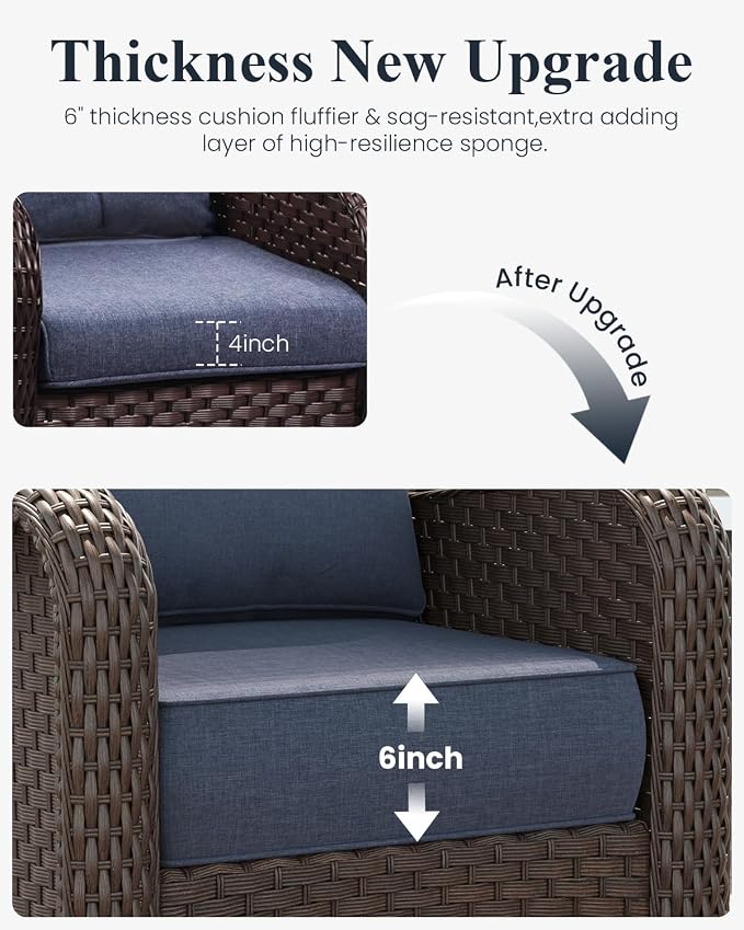 LayinSun 8 Piece Wicker Outdoor Furniture Set with 6-inch Comfy Cushions, High Back Patio Furniture Set with Swivel Rocking Chairs and Fire Pit Table
