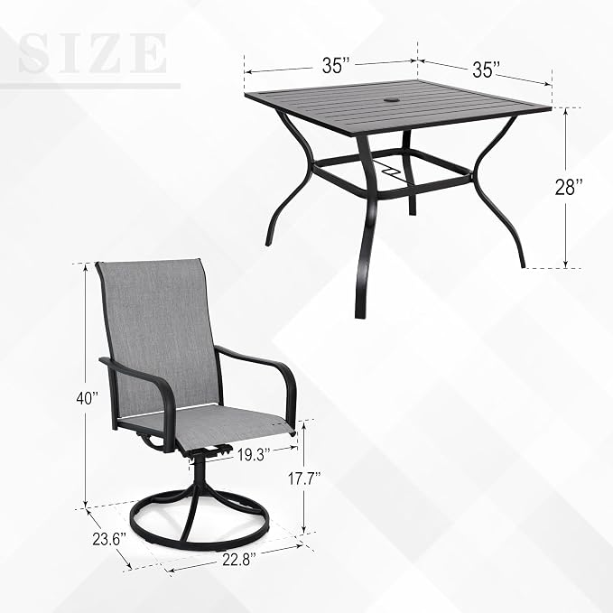 Outdoor Dining Set of 5 with Patio 35" Square Table with Gray Swivel Chairs | High Back, Curved Armrest, Textilene Fabric, All Weather, Rocking, Swivel Chairs, 35'' Square Table, Metal Top and Frame