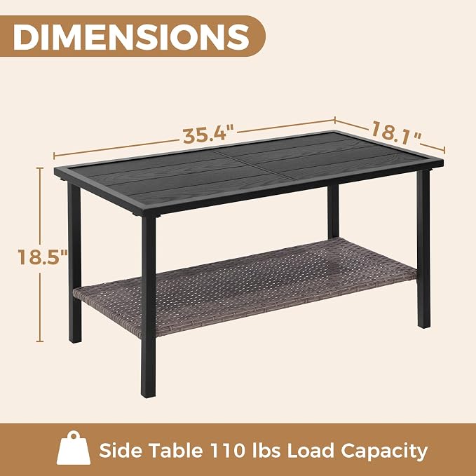 COOS BAY Sunset Haven Outdoor Patio Coffee Table, Rectangle Outdoor Coffee Table with Double-Tier Storage, Wicker Patio End Table, 35.4"x18.1"x18.5", Brown