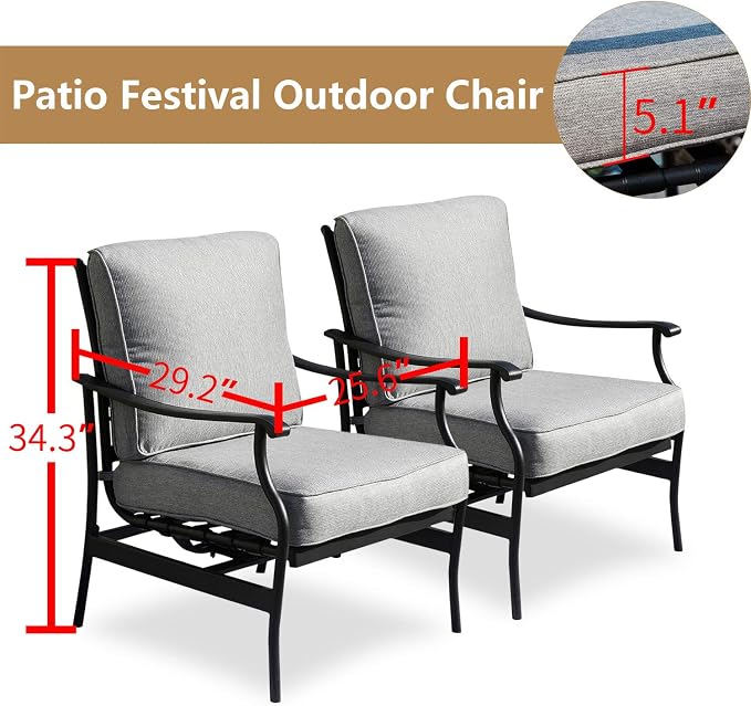 Patio Chairs Bistro Rocking Sofa Chair Modern Outdoor Furniture Set Conversation Sets with 5.1 Inch Thick Seat Cushions (2PCS-2, Grey)