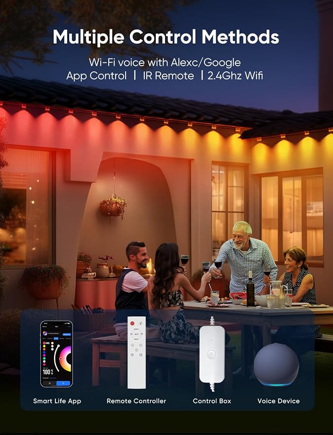RGBW Permanent Outdoor Lights for House 100ft, with 72 LED Bulbs | IP65 Waterproof, 54 Scene Modes, 2700K Warm White, Individual Control, Permanent Lights Compatible with Alexa, Google