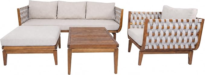 Christopher Knight Home Gwen 4 Piece Acacia Wood Patio Conversation Set with Sofa, Coffee Table, Ottoman and Club Chair, Patio Sofa Set with Cushions, Outdoor Patio Furniture Set for 5, Teak+Beige