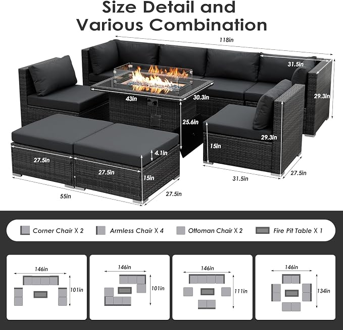 BULEXYARD 9 Pcs Highback Patio Furniture Set with Firepit, High-End Outdoor Sectional Couch with Ottoman 8-Seats, Cozy Comfy Wide Deep Deck Seating Group Conversation, Grey Rattan & Black Cushion