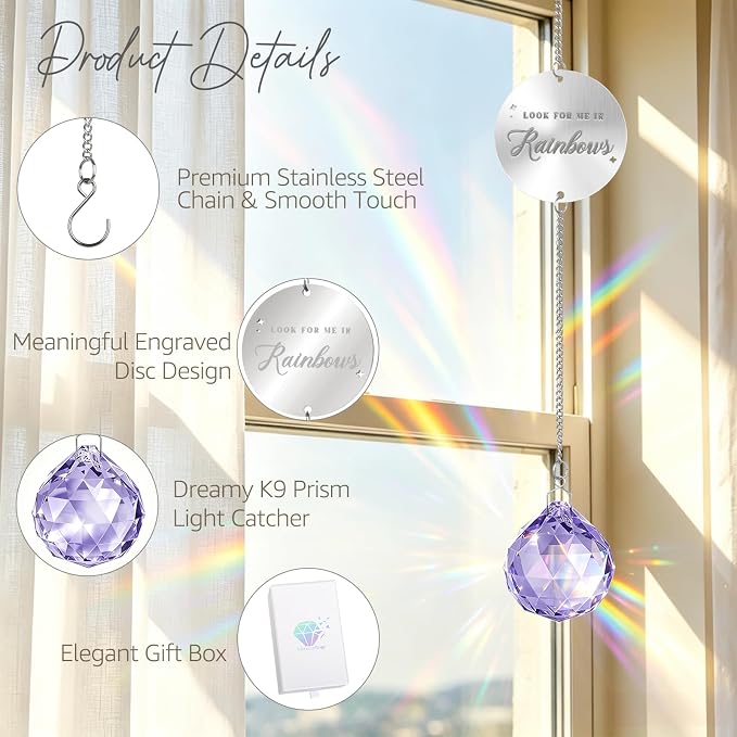 Mooncraftlogy Memorial Gift for Loss of Loved One, Light Crystal Suncatcher | Unique Sympathy Idea, Purple Memory Prism Crystal Ball, Grief Rainbow Sun Catcher, Bereavement Box for Mom Dad Son Daughter