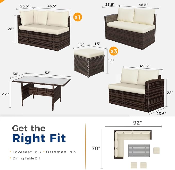 Wisteria Lane 7 Piece Patio Furniture Set, Wicker Patio Sectional with Wide Armrest, All Weather Outdoor Dining Set, Outdoor Furniture Patio Conversation Set with Ottoman, Beige