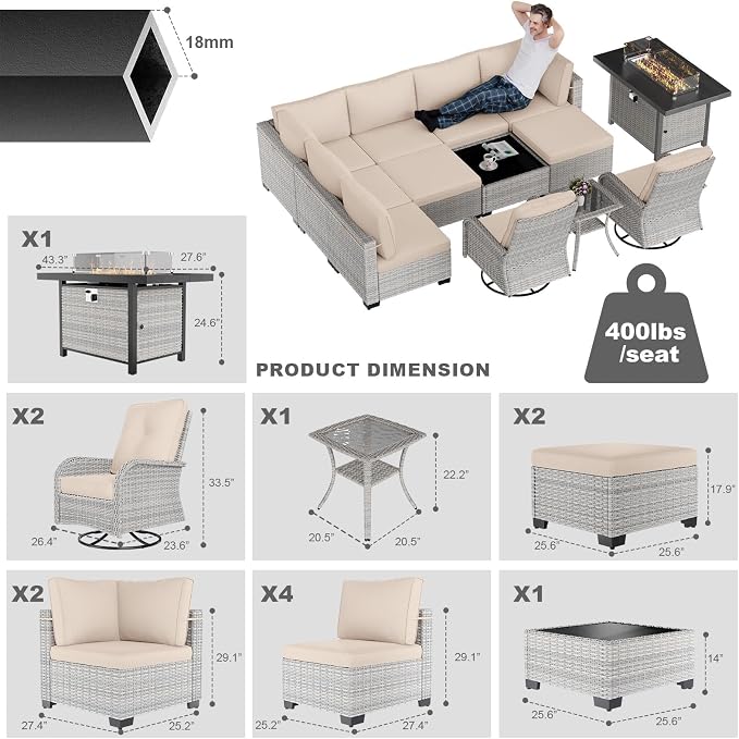 13-Piece Patio Furniture Set, Outdoor Patio Furniture with Swivel Chairs Set, Ottomans, 55,000 BTU Fire Pit Table, Modular Patio Sofa, Dual-Strand Wicker Rattan, Rust-Resistant Frame, Khaki