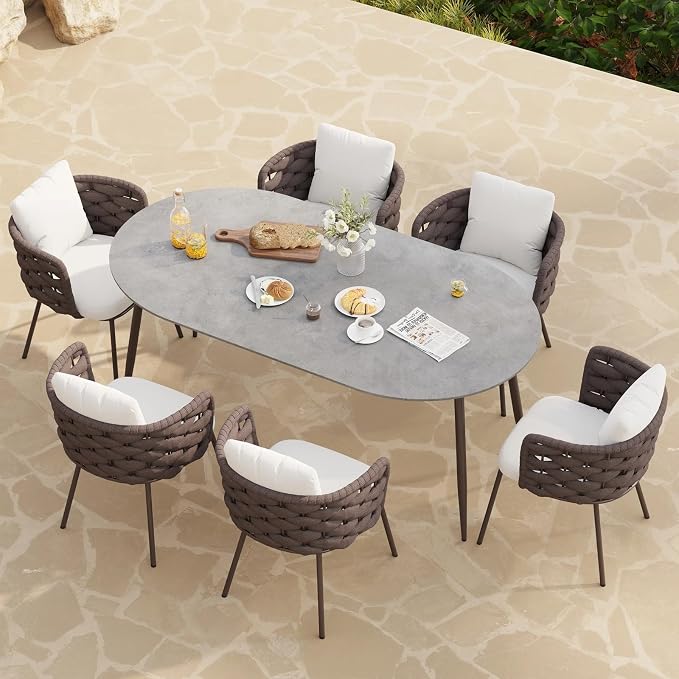 LOVEDIMA 70.9'' Patio Table and Chairs Set,7 Pieces Patio Furniture Set Outdoor Sintered Stone Top Dining Table Set with Rope Woven Armchairs for 6,Gray & Brown
