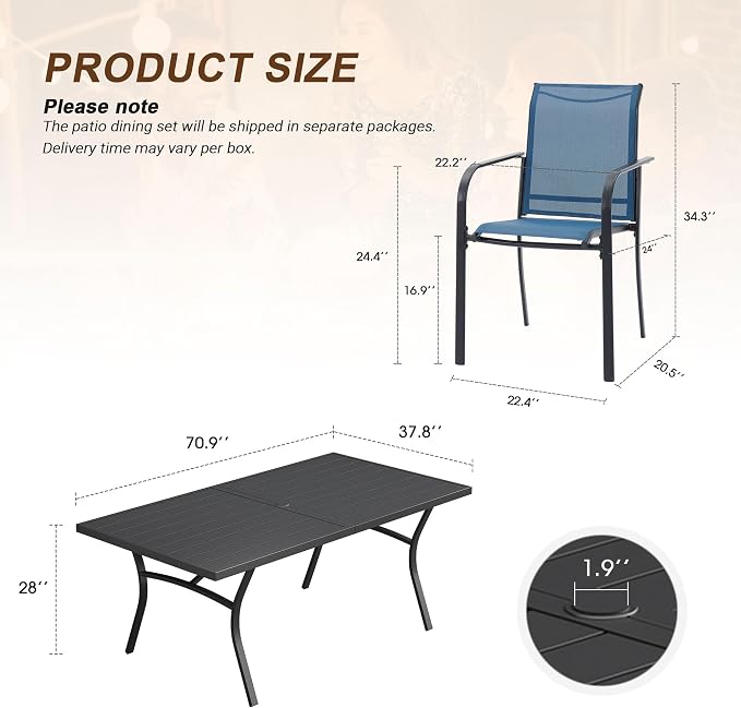 VICLLAX 9 Pieces Patio Outdoor Dining Set, 70" Outdoor Rectangular Metal Dining Table with Umbrella Hole and 8 Stackable Textilene Chairs for Lawn, Garden, Porch, Black/Dark Blue