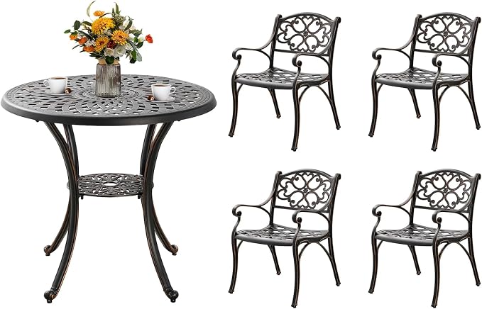 5 Piece Patio Dining Set, All Weather Cast Aluminum Outdoor Dining Table and Chairs Set of 4, Patio Furniture Conversation Set with 4 Chairs and 31" Round Table, 2.2" Umbrella Hole