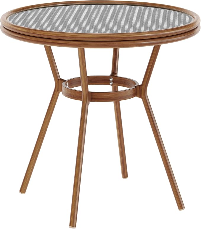 EMMA + OLIVER Colmar Indoor/Outdoor Bistro Table - Black & White Woven PE Rattan Pattern - Tempered Glass Top - Bamboo Finish Metal Frame - 31.5 in.