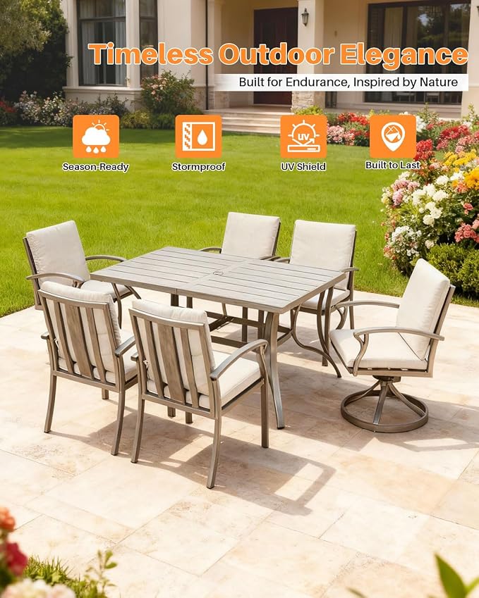 7-Piece Outdoor Dining Set, Never-Rust Aluminum Patio Dining Set, Patio Table Furniture Sets with Cushions, 4 Dining Chairs, and 2 Swivel Chairs for Deck, Garden, Backyard, Limed Oak