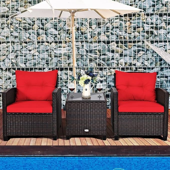3PCS Patio Rattan Furniture Set Cushioned Conversation Sofa Coffee Table for Your Outdoor Space(E)