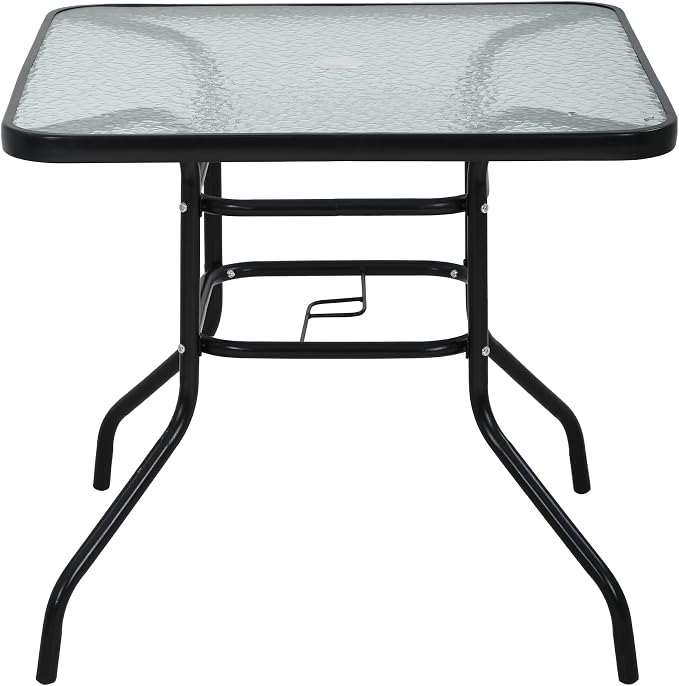 MKDLUFEI 32 Inch Umbrella Table with Hole, Outdoor Square Patio Table with Tempered Glass Top, for Balcony, Backyard, Poolside, Black