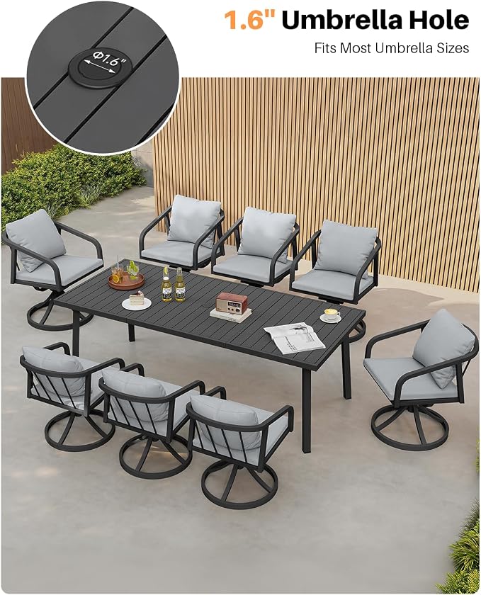 Outdoor Dining Table for 8, Never-Rust Aluminum Patio Dining Table, 82"×35" Large Rectangle Patio Table with Umbrella Hole, Outdoor Table Slatted Tabletop for Balcony, Deck, Commercial, Black