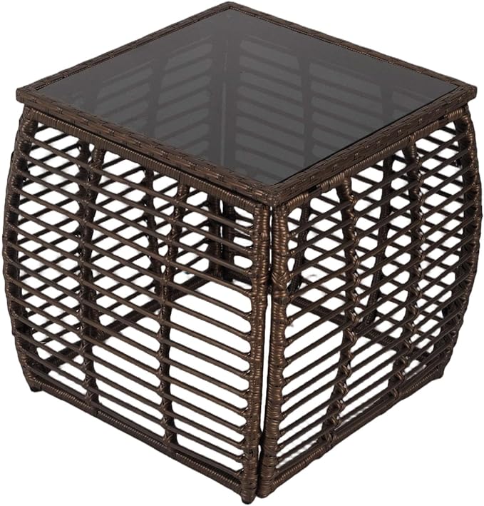 Kinfant Square Outdoor Wicker Side Table – Patio End Table with Tempered Glass Top, All-Weather Rattan Coffee Table for Balcony, Porch, Deck, Garden, Black Gold