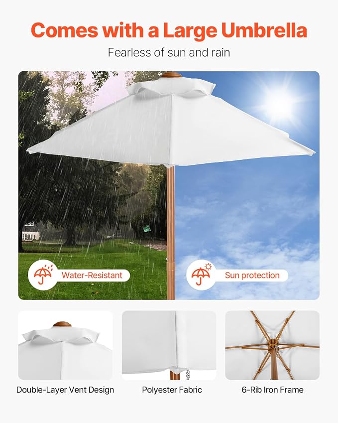 VEVOR Kids Picnic Table with Umbrella, 3-in-1 Sand & Water Table, Outdoor Wooden Table and Bench Set with 2 Trays, 4-People Patio Dining Furniture for Garden, Backyard and Porch (Walnut)