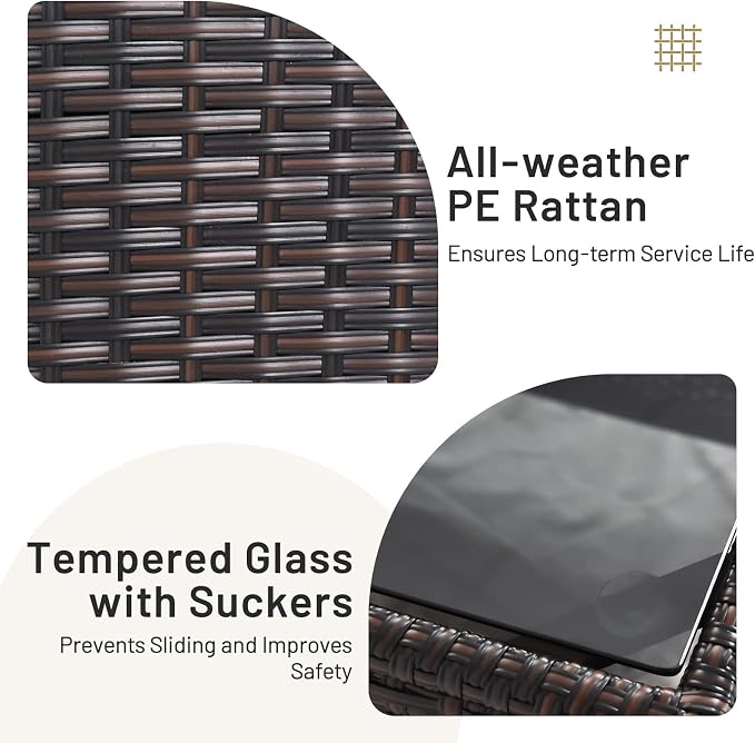 3-Piece Wicker Patio Furniture Set, Outdoor Sofa Set with Water-Resistant Cushion & Tempered Glass Table, Brown