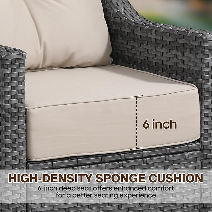 5 Piece Patio Furniture Set With Fire Pit Table,360°Swivel Glider Patio Chairs Set of 2,Cozy 60,000 BTU Square Fire Pit Table,2 Sofas,All-Weather Wicker Outdoor Patio Set With 6 Inch Thick Cushions