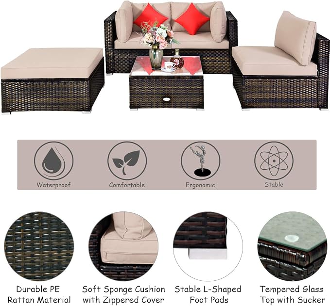 Tangkula 5 Pieces Patio Rattan Furniture Set, Outdoor Sectional Rattan Sofa Set with Back & Seat Cushions, Wicker Conversation Set with Tempered Glass Table for Backyard Porch Poolside (Brown)