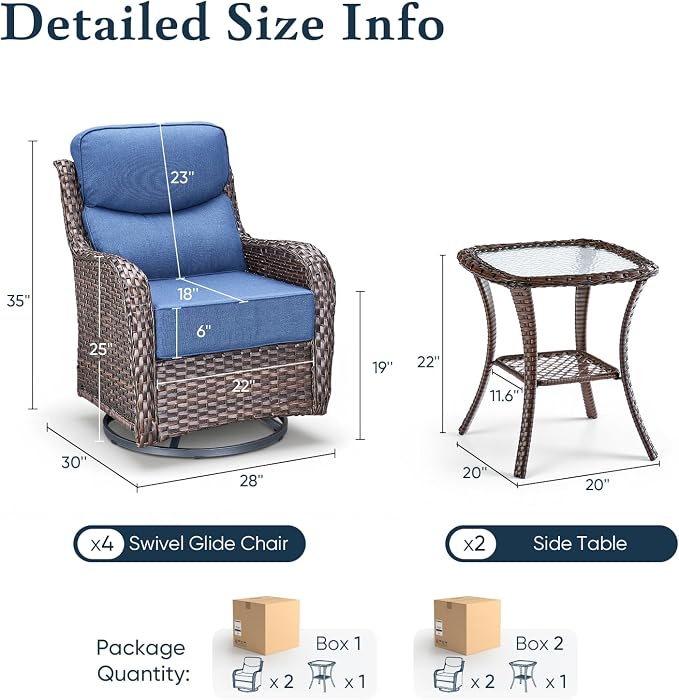 Belord Luxury 6" Thick Cushioned Outdoor Swivel Rocker Patio Chairs Set of 4 with Side Table, High Back Wicker Furniture Set with Ergonomic Zone Back, Conversation Set for Deck Porch - Brown+Blue