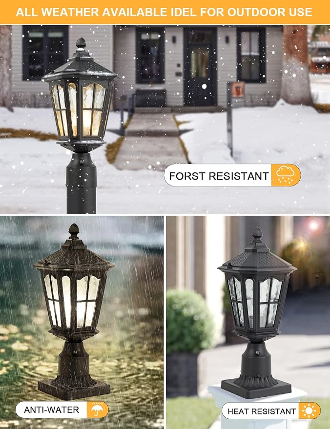 Dusk to Dawn Post Light Outdoor 2 Pack, 17''H Outdoor Lamp Post Light with Pier Mount Adapter,Waterproof IP65 Classic Die Cast Aluminum with Water Ripple Glass, Matte Black…