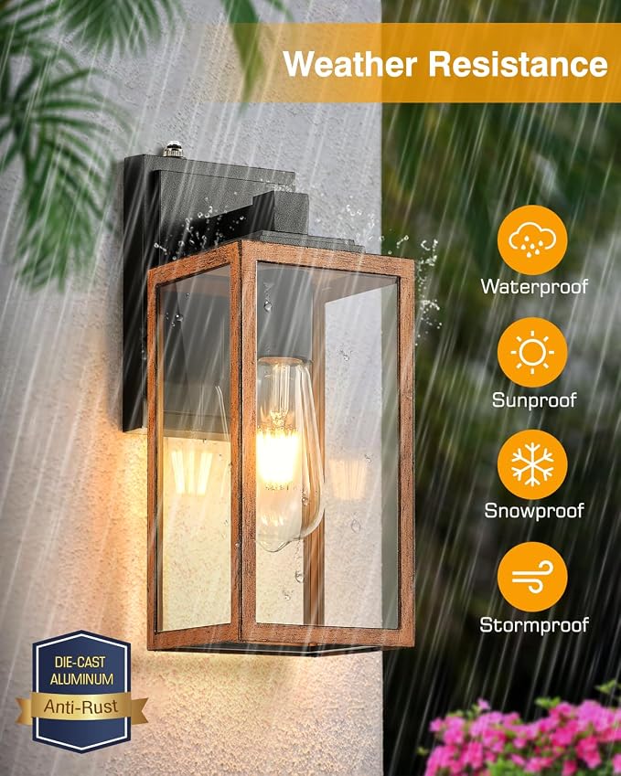 VIANIS 2 Packs Garage Light Outdoor, Dusk to Dawn Outside Wall Lights Fixture for House, Wood Grain Coach Lantern with Toughened Glass, Farmhouse Sconce Wall Mount for Entryway, Hallway, Garage