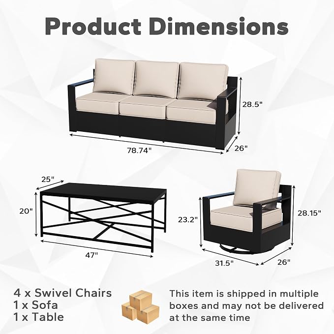 Outdoor Aluminum Furniture Set, 5-Piece Patio Conversation Set, 4 Swivel Chairs, 1 Sofa and 1 Table, All-Weather Metal Frame, 6" Thick Removable Cushions, Deep Setting for Garden, Porch