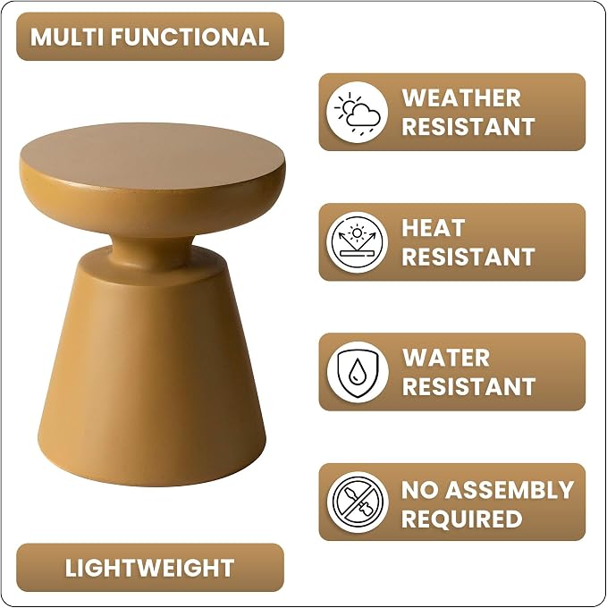 LeisureMod Minimalist Modern Side Table Round Fiberstone Tabletop Pedestal Base, Accent Table for Home Patio Living Room Weather-Resistant Isle, Brown
