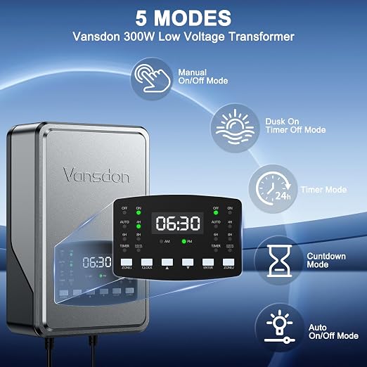 Vansdon 300W Low Voltage Landscape Transformer,2 Zone,120V AC to 12/14V AC | Photocell Sensor & Timer,Circuit protection & Memory function,5 modes,Weatherproof,for Pathlight,Spotlight,ETL Listed