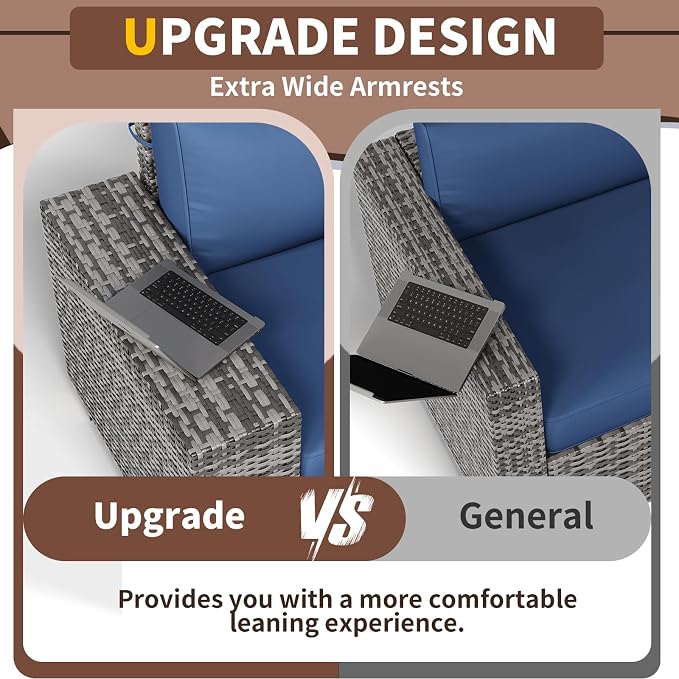 Outdoor Patio Furniture Set, 8'' Wide armrest Outdoor Sectional Rattan Sofa Set, Wicker Patio Furniture Sets w/Coffee Table,Thick Cushions and Cover for Porch, Balcony,Deck 6 PCS(Grey&Navy)