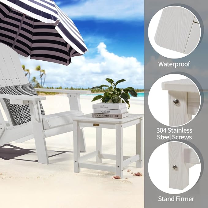 Outdoor Side Table, HIPS Plastic Composite Adirondack Patio Table, Weather Resistant End Tables for Outside, Indoor, Patio, Garden, Pool, Porch, Backyard, Lawn, Deck - White