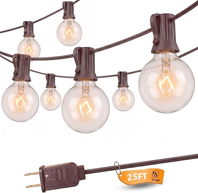 SUNSGNE 25Ft Globe String Lights with 27 Clear G40 Bulbs, Natural Warm Bulb Hanging Umbrella Lights for Backyard Patio Garden Party Cafe Indoor Outdoor Decor-Brown