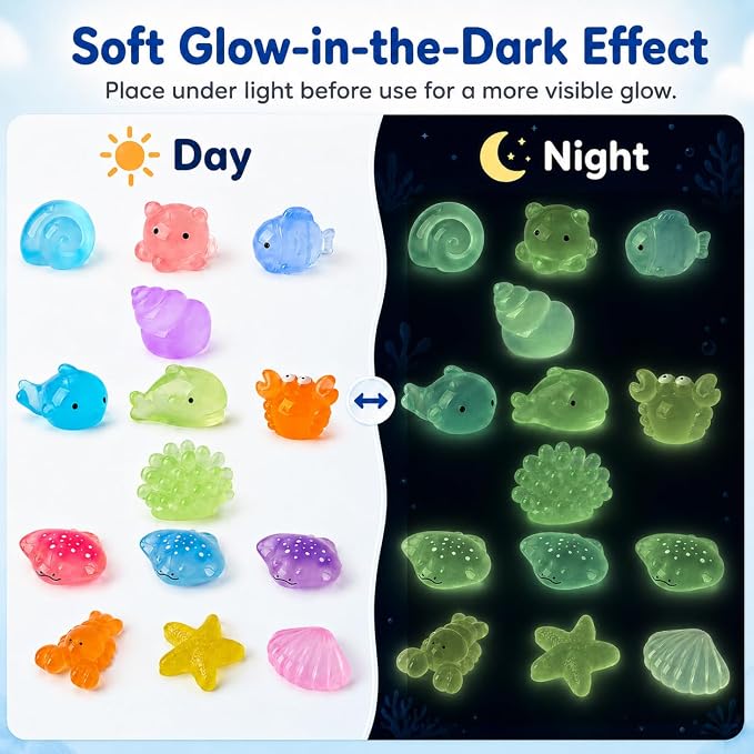 50Pcs Mini Resin Sea Animals Figurines, Tiny Ocean Figures Variety Pack, Small Luminous Bulk Glow in the Dark, Miniature Sea Creatures for Crafts Tank Aquarium Garden Mini Landscaping Decor