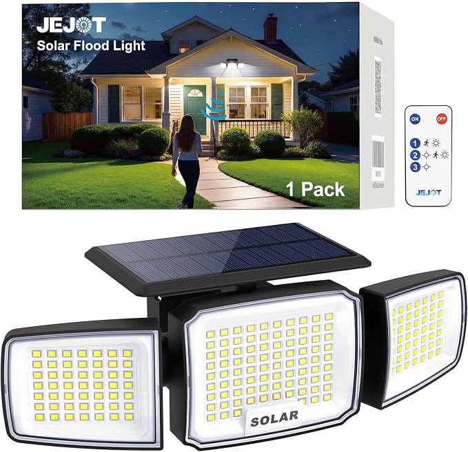 JEJOT Solar Security Light Outdoor Super Bright LED, Motion Sensor Flood Light, 3 Heads 270° Wide Angle,Remote Control, IP65 Waterproof, 3 Modes (1 Pack)