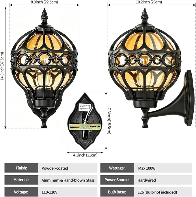 2 Pack Black Globe Outdoor Wall Lights, Round Exterior Wall Sconce for Patio, Porch, Garage, Anti-Rust Aluminum Wall Mount Lighting Fixture, Classic Wall Lantern with Ornate Cage & Amber Glass
