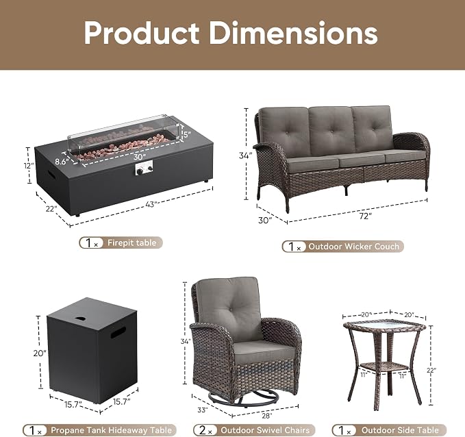 HUMMUH Luxury Patio Furniture Set with High Back Swivel Rocker Chairs & 3 Seater-Couch & Steel Fire Pit Table 5 Pieces Outdoor Conversation Set for Porch,Deck,Backyard