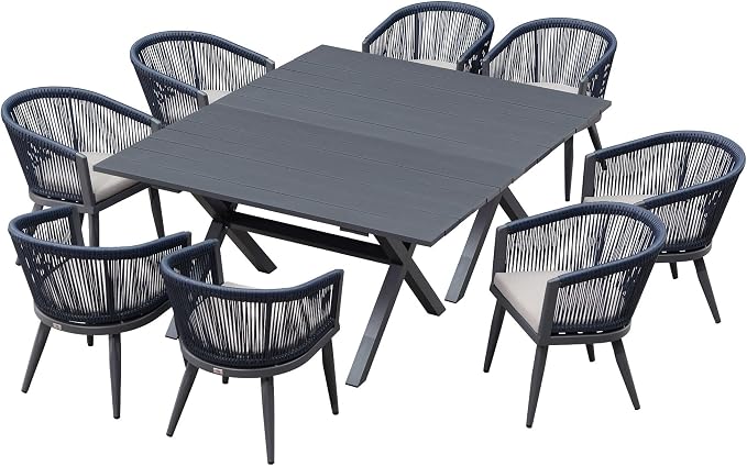 PURPLE LEAF Outdoor Dining Set for 8 All-Weather 10 Pieces Patio Aluminium Dining Oversized Table and Rope Weave Chairs Included Cushions for Backyard Indoor Kitchen Patio Furniture Set Gray and Navy