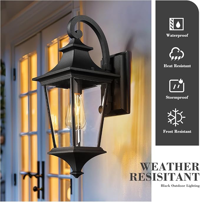 Emliviar Outdoor Porch Light, 21.1 Inch Modern Outdoor Wall Light for House Porch, Clear Glass in Black Finish, XE292B-M BK