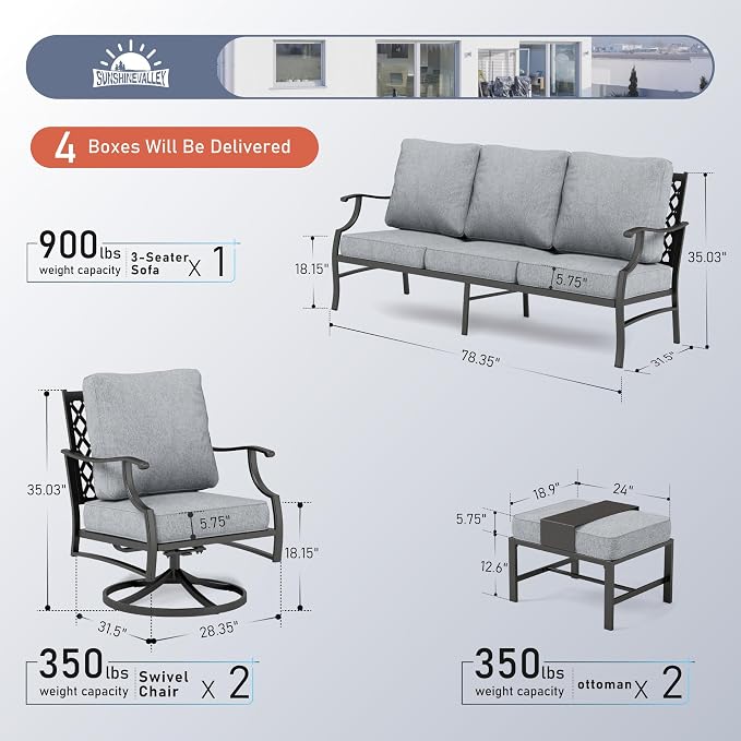 SUNSHINE VALLEY 5 Piece Metal Outdoor Patio Furniture Sets, Patio Conversation Sets 1 3-Seater Sofa, 2 Swivel Chairs, 2 Ottomans with 5.75" Thick Cushion, Black All-Weather Backyard Furniture, Gray